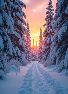 Snow-covered forest path during sunset in winter