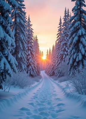 Snowy winter path at sunset in a tranquil forest