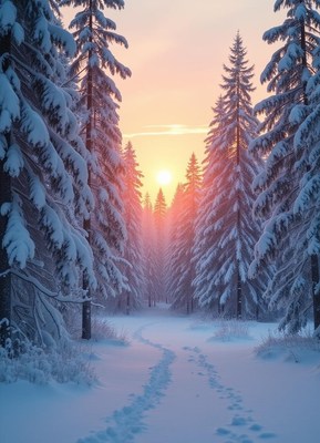 Winter sunset in a snowy forest trail