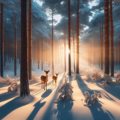 Deer in a snowy forest at sunrise