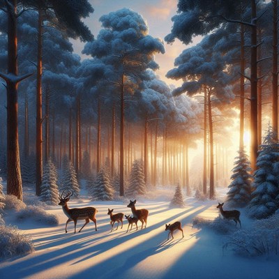 Majestic deer herd walking through a snowy forest