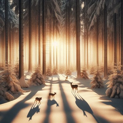 Majestic deer walking through a snowy forest at sunset