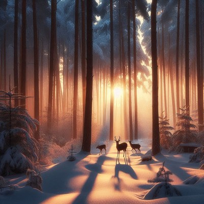 Deer grazing in a snowy forest at sunrise