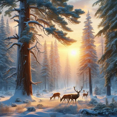 Majestic deer walk through a snowy forest at sunset