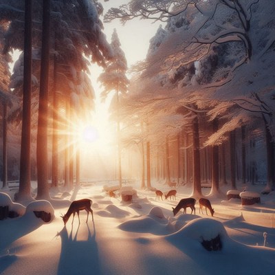Winter sunrise illuminates a tranquil forest with deer