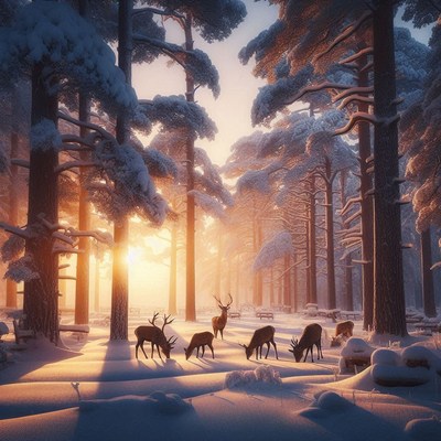 Deer grazing in snowy forest at sunset