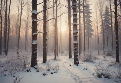 Snowy forest path under soft morning light