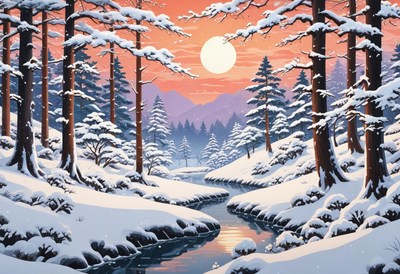 Winter sunset over a snowy landscape in a forest