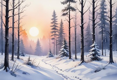 Snowy forest path at sunset with orange skies