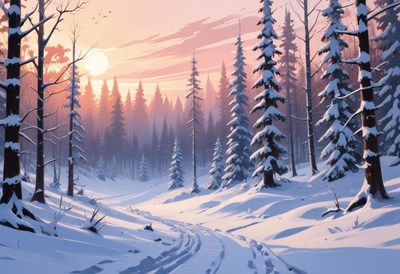 Snowy forest path at sunrise with peaceful atmosphere
