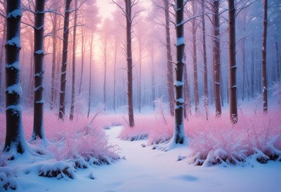 Snowy forest landscape at dawn with soft pink hues