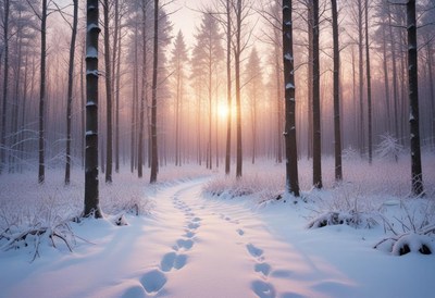 Winter pathway through a snowy forest at sunrise