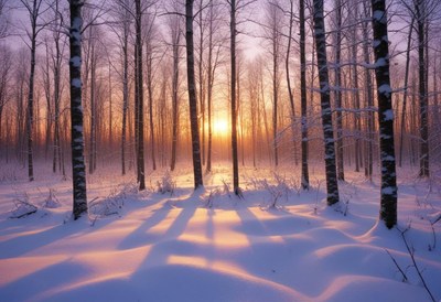 Winter sunset casts shadows in a snowy forest