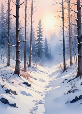 Winter forest path with soft sunlight and snow