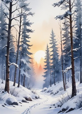 Serene winter landscape with snow and sunset glow