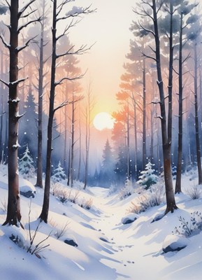 Snowy forest trail at sunrise with soft colors