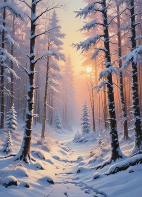 Winter sunrise in a snowy forest with tall trees