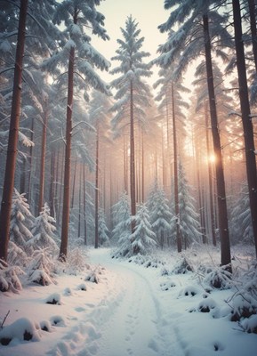 Winter forest landscape with soft morning light
