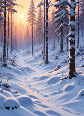 Winter sunrise over a snowy forest trail in the mountains