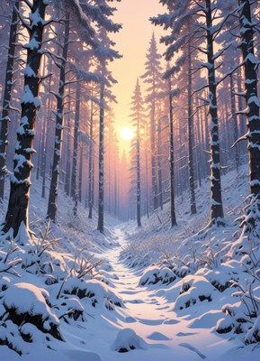Winter sunset in a snow-covered forest path
