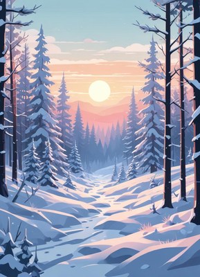 Winter sunset over a snowy forest landscape