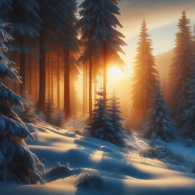 Sunrise illuminating a snowy forest landscape in winter