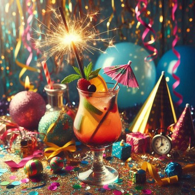Festive cocktail with sparkler and party decorations