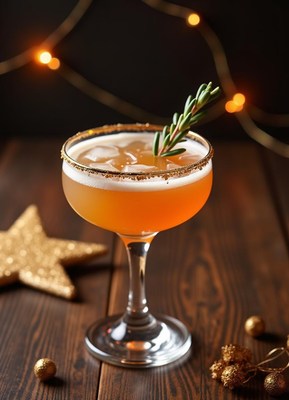 Cocktail with rosemary garnish served on wooden table