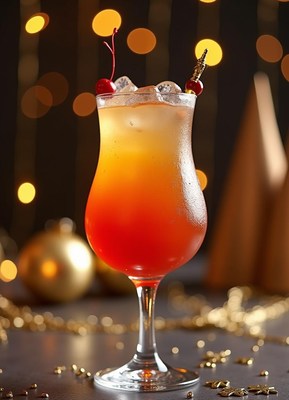 Colorful cocktail garnished with cherries and ice