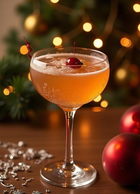 Holiday cocktail served with festive decorations