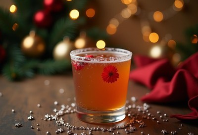 Festive cocktail garnished with flowers and holiday decor