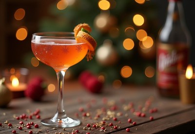 Festive cocktail with garnishes set on a wooden table