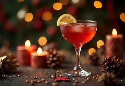 Festive cocktail served with lemon slice and candles