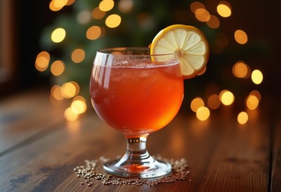 Refreshing cocktail with lemon slice on a wooden table