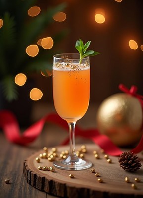 Festive cocktail garnished with mint on a wooden table