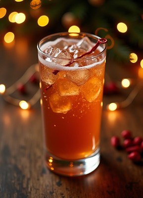 Refreshing beverage in holiday setting with glowing lights