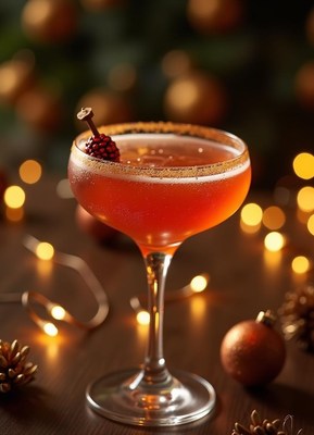 Festive cocktail with holiday decorations in background