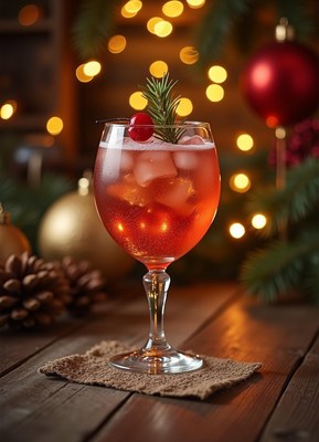 Festive cocktail garnished with cherry and rosemary