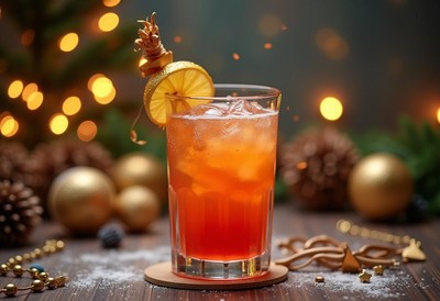 Festive holiday cocktail garnished with citrus slice