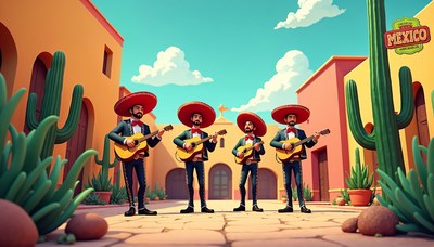 Mariachi band performs in colorful mexican plaza