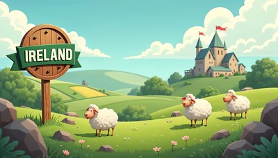 Scenic view of ireland with sheep and a castle in distance