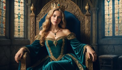 Regal figure seated on an ornate throne in a grand hall