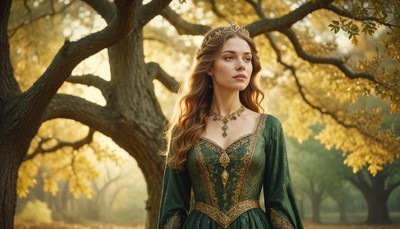 Elegant woman in a green gown stands in golden forest