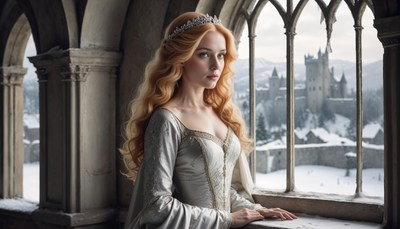 Woman in elegant gown gazing out a castle window