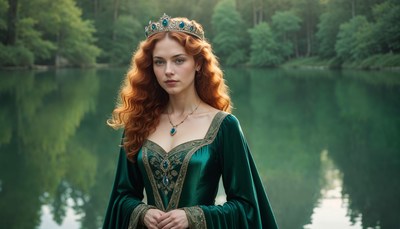 Enchanted queen standing by a serene lake landscape