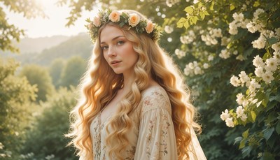 Young woman in floral crown poses in lush garden setting