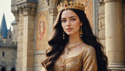 Beautiful queen at a castle during a sunny day