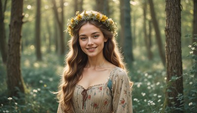 Young woman wearing flower crown in serene forest setting