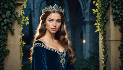 Woman in blue gown with crown stands in a castle entryway