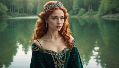 Elegant woman in green dress by tranquil forest lake